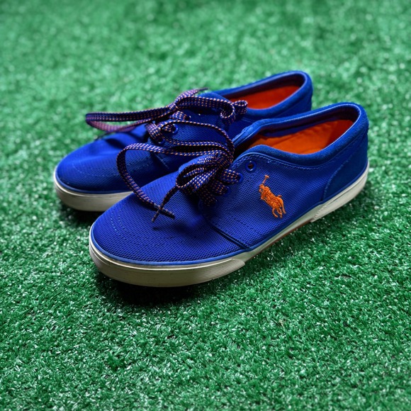 Polo Ralph Lauren Faxon Low Mens Blue Canvas Orange Logo Sneakers Shoes - Picture 1 of 7